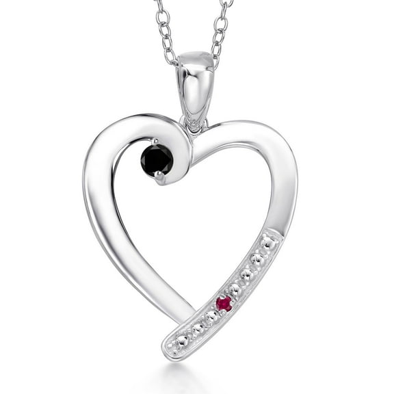 Gem Stone King 925 Sterling Silver Black Diamond and Red Created Ruby Heart Pendant Necklace for Women | 0.19 Cttw | Gemstone April Birthstone | Round 3.5MM | With 18 inch Chain