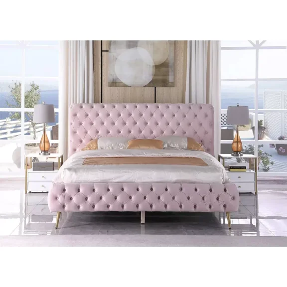 Modern Velvet Tufted Eastern King Platform Bed Frame, Gold Finish Angled Legs, Pink