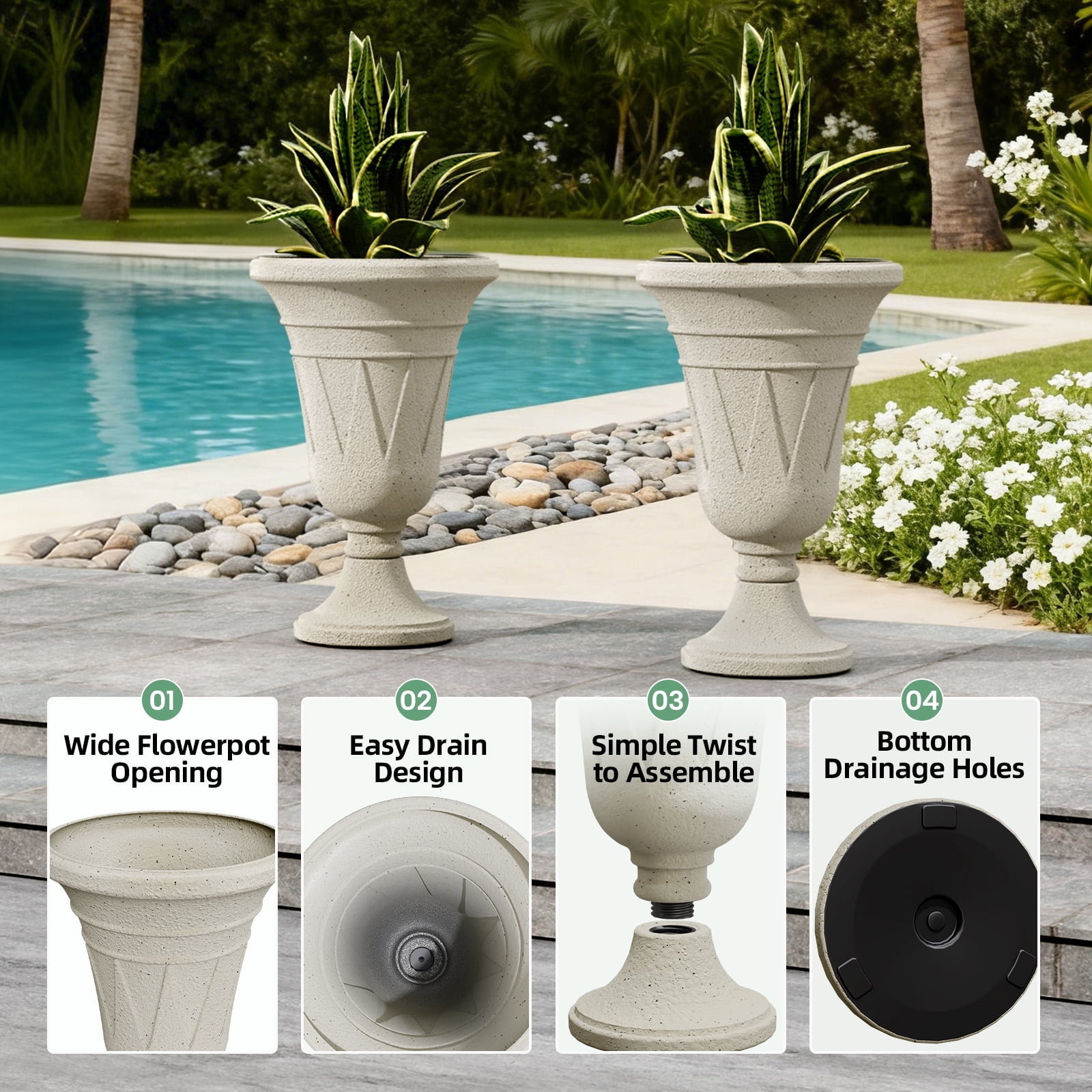 Chiccushion 23.6" Large Urn Planters for Outdoor Plants, Set of 2 Plastic Flower Pot for Wedding Party Bridal Shower Garden Patio Home Decor, off-White