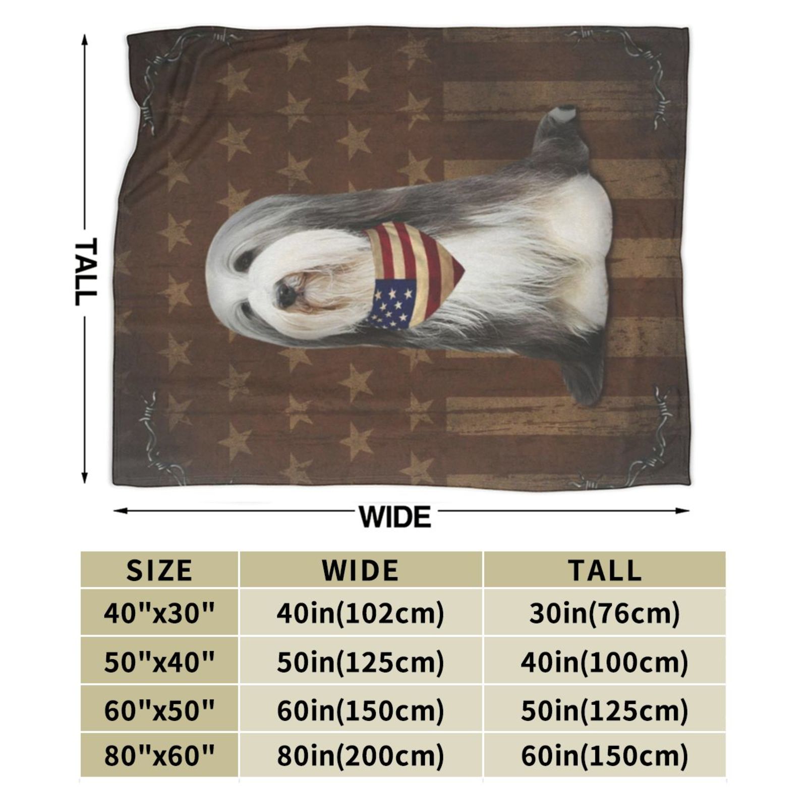 Wijzvio Bearded Collie Dog With Vintage American Flag Throw Blanket Soft Fuzzy Fleece Blanket For Couch Bed Living Room Decoration 60"X50"