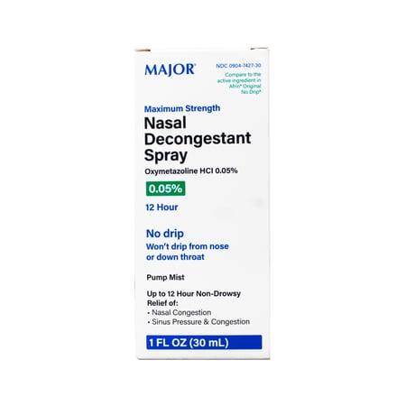 MAJOR 12-Hour Nasal Decongestant Spray - Oxymetazoline Hydrochloride 0.05% Nose Spray for Adults - Soothing Pump Mist Spray for Cold, Allergy, Nasal Congestion, and Sinus Relief - 1 Fl. Oz. (12 Pack)