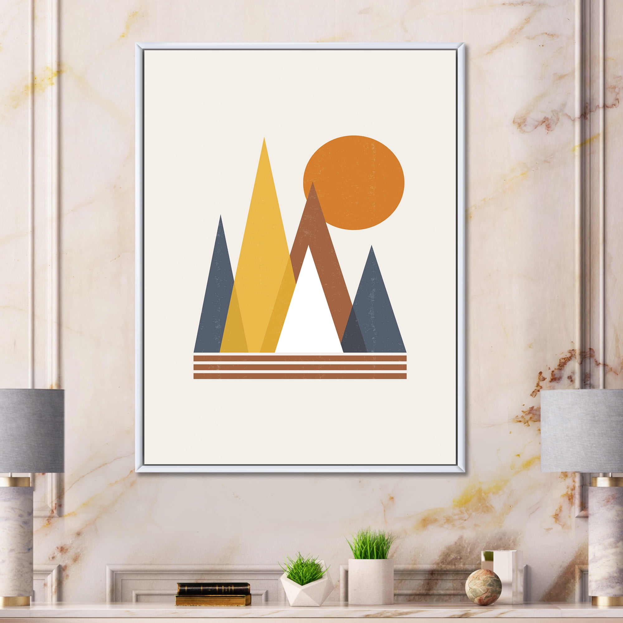 Designart 'Sun and Mountain Abstract' Modern Framed Canvas Wall Art Print