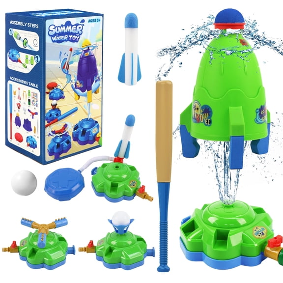 KiddiTouch 4-in-1 Water Sprinkler for Kids,Outdoor Water Baseball Toy,Rotating Sprinkler & Rocket Launcher,Outdoor Summer Backyard Playset for Boys Girls Ages 3-12