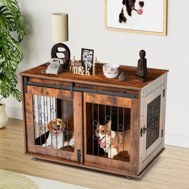 Image showcasing PawHut Wooden Dog Crate Furniture with Soft Cushion, Dog Crate End ...