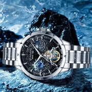 GUANQIN Men Skeleton Automatic Self-Winding Mechanical Luminous Moon Phase Stainless Steel Leather Wrist Watch Sapphire Waterproof Starry Sky Multifunctional Dial Clock