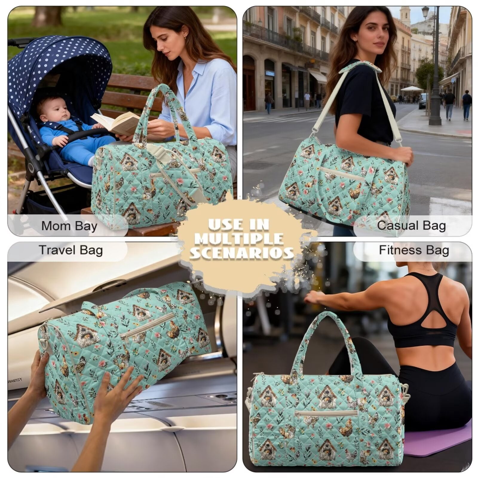 Garronmavis Large Quilted Duffle Bag for Women, Green Chicken Floral Print Weekender Bag Travel Carry On Tote Overnight Gym Dance Bag with Luggage Sleeve