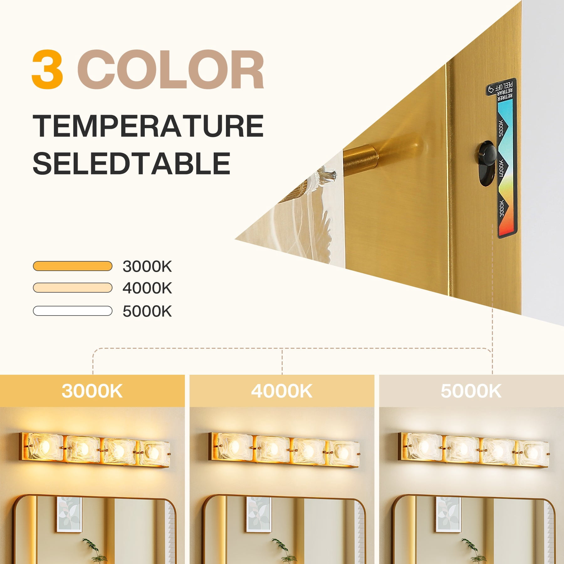 Fnova 29" LED Gold Vanity Lights, Modern 3CCT Dimmable Bathroom Light Fixtures (ETL Listed, Bulbs Included)