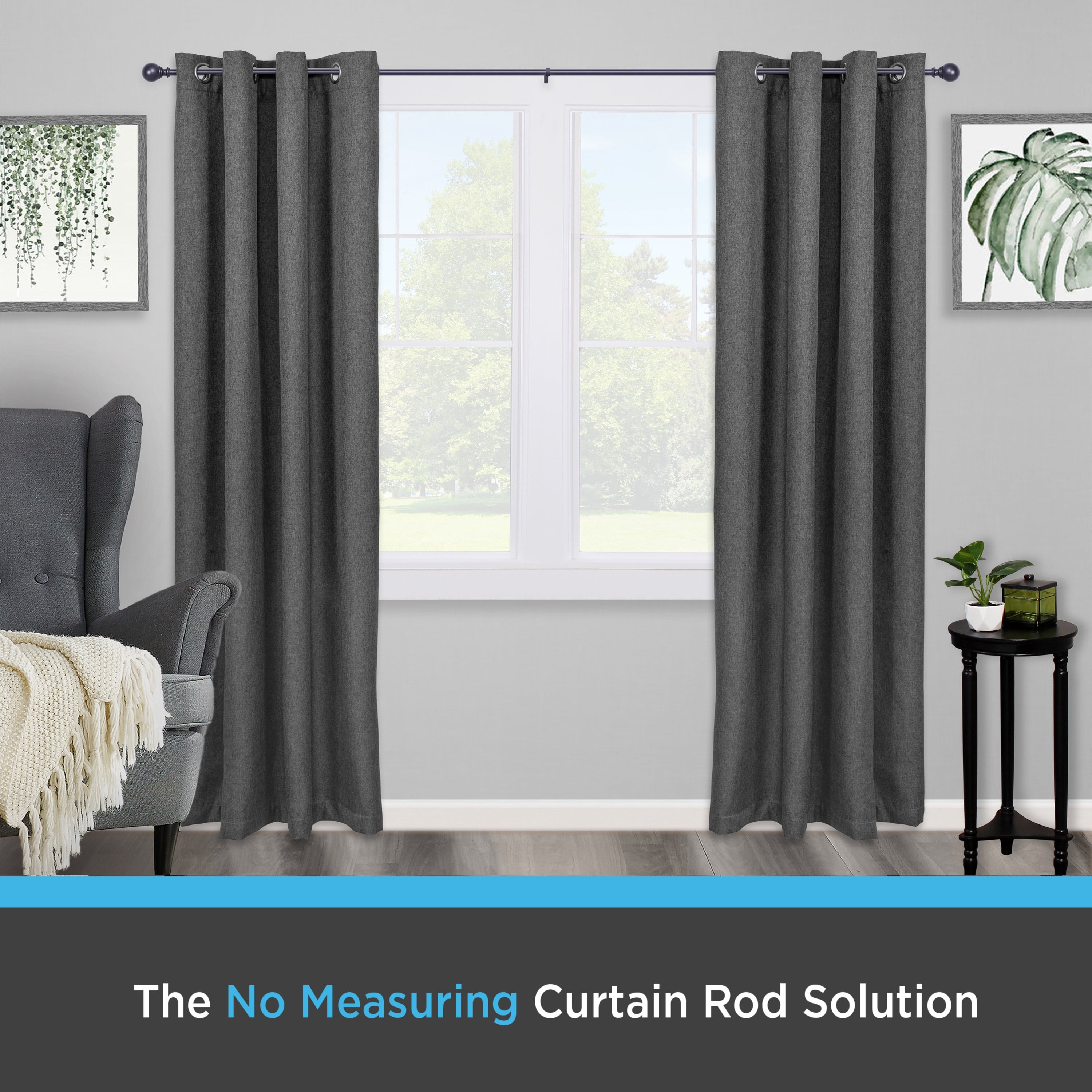 Kenney Fast Fit No Measure Carlin Decorative Steel Curtain Rod, 66-120" Adjustable Length, 5/8" Dia., Matte Black