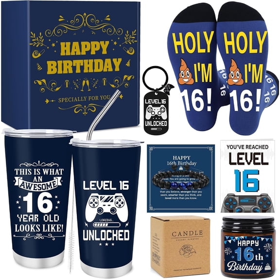 16th Birthday Gifts for Boys - 16 Year Old Boy Birthday Gifts Idea with 20 Oz Tumbler, Bracelet, Socks, , Greeting Card for Son, Nephew, Grandson, Christmas Holiday