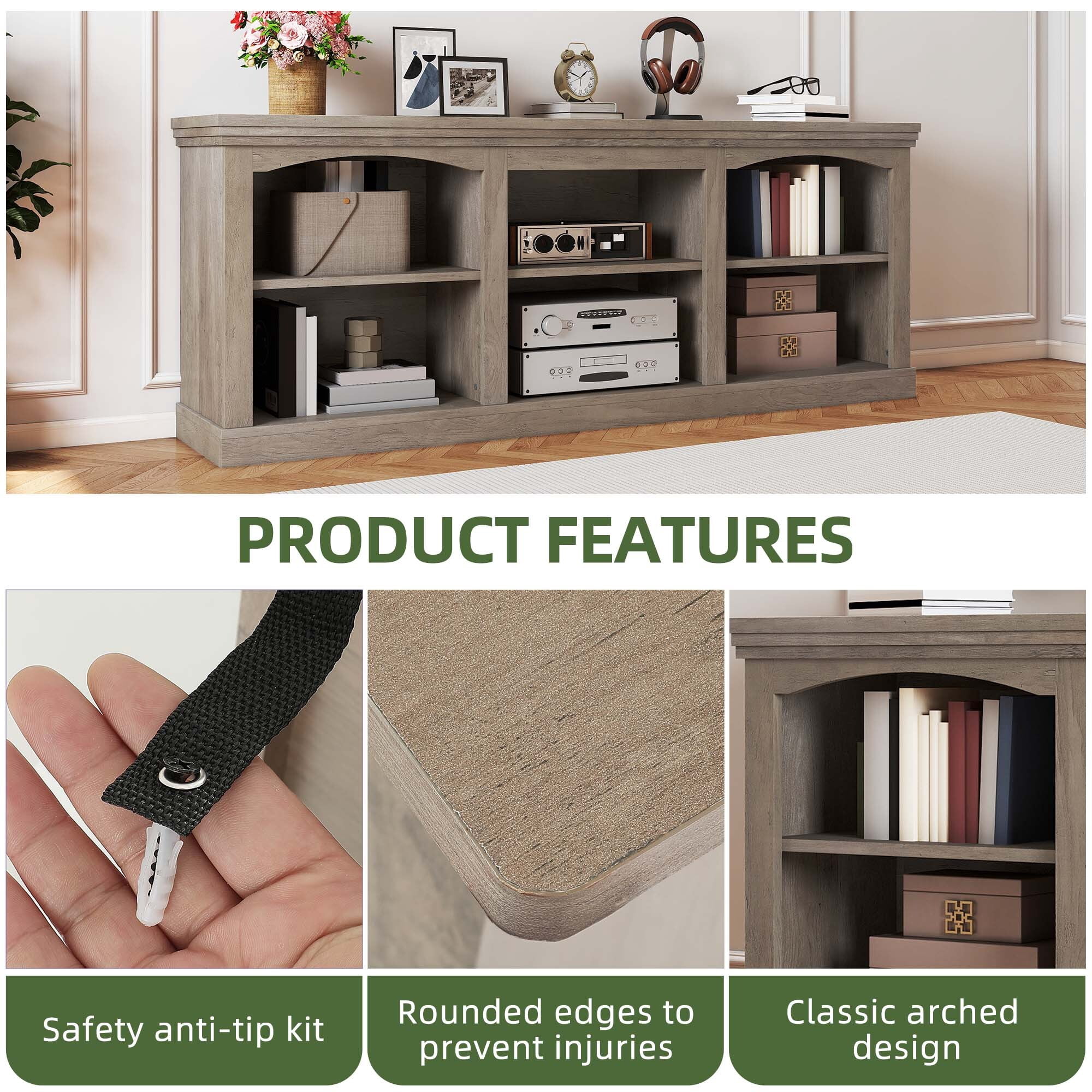 Uforic 70" TV Stand for 80 Inches TV, Farmhouse Entertainment Center with Adjustable Shelf & Storage Cabinets, Washed Gray