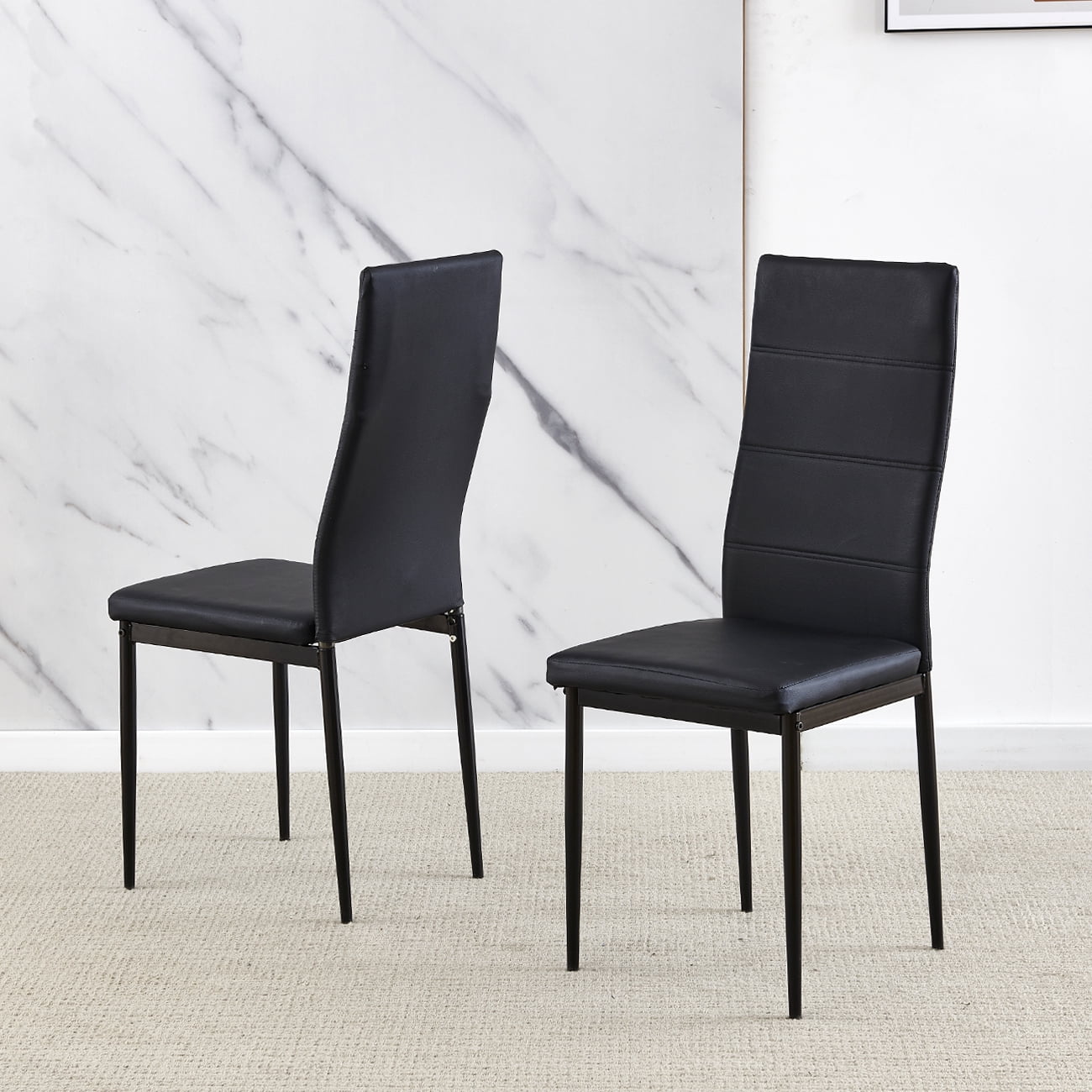Modern Dining Room Chair Only Set of 2 Small Kitchen Chairs Black Faux Leather Metal Legs Comfy