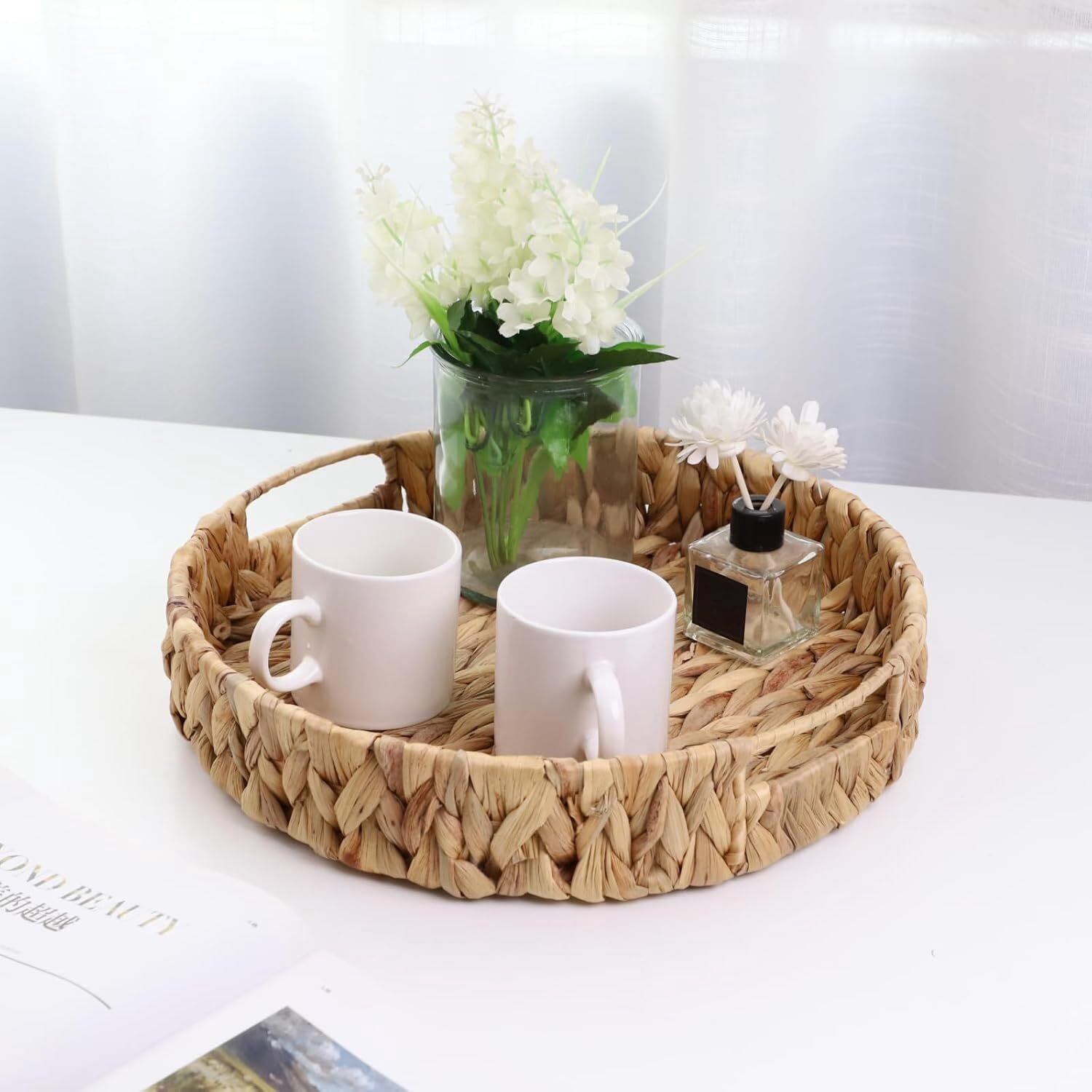 GoXteam Wicker Basket, Baskets for Organizing, Storage Basket with Built-in Handles, Water Hyacinth Shelves, Large