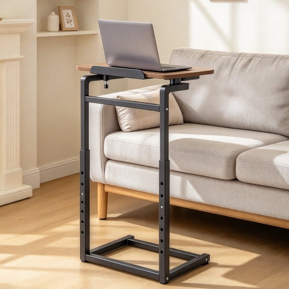 Finew C-Shaped End Table, 8 Level Height Adjustable, 90° Tilt Tabletop with Tablet Slot, Sofa Side Table for Small Spaces, Brown