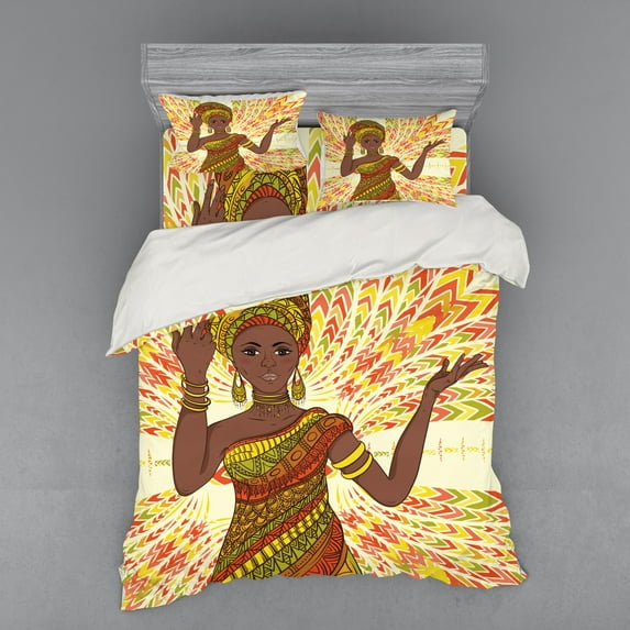 Ambesonne African Bedding Set 4 Pcs, Dancing Woman Hand Drawing, Queen, Green Red Yellow