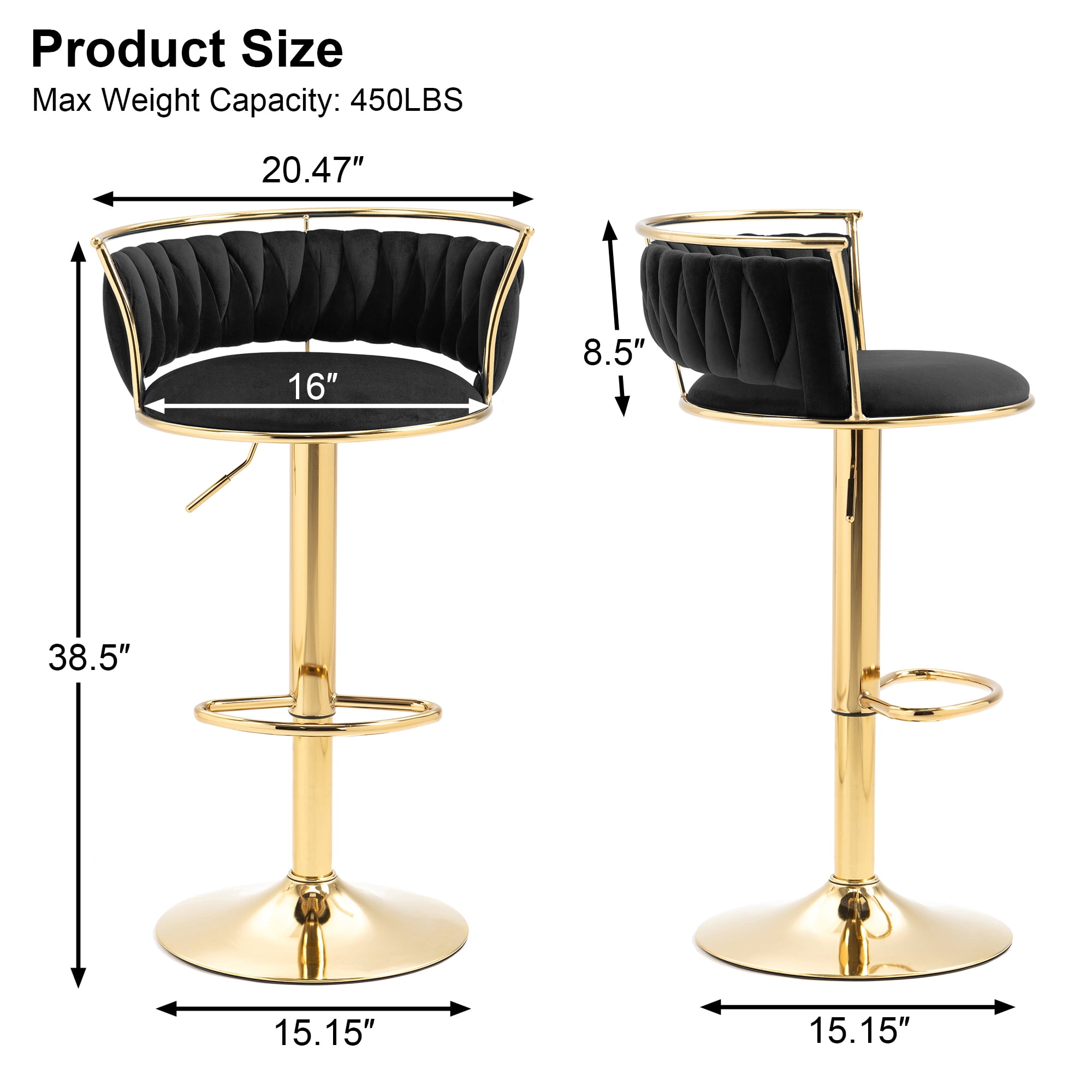 UIXE 360° Swivel Bar Stools Velvet Upholstered Adjustable Bar Chairs Set of 4 with Back & Footrest for Home and Kitchen, Black