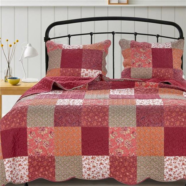 Benjara BM219355 Patchwork Imprimé Polyester Simple Courtepointe Ensemble avec 1 Oreiller Sham&44; Rouge - 6 x 14 x 18 Po.