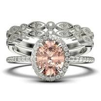 Bridal Ring Set Art Deco 2.50 Carat Oval Cut Morganite And Diamond Moissanite Engagement Ring, Wedding Ring in 10k Solid White Gold, Gift For Her, Gift For Woman, Promise Ring Trio set