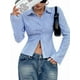 thumbnail image 3 of Camisa Corta A Rayas con Botones y Larga Ajustada para Mujer, Blusa de Trabajo Azul XL, 3 of 10