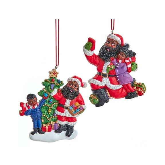 Kurt Adler African American Santa With Children Christmas Ornaments, 2-Piece Set