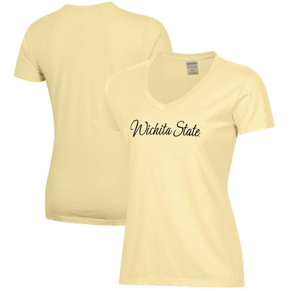 Women's  Yellow Wichita State Shockers Script Logo Comfort Wash V-Neck T-Shirt