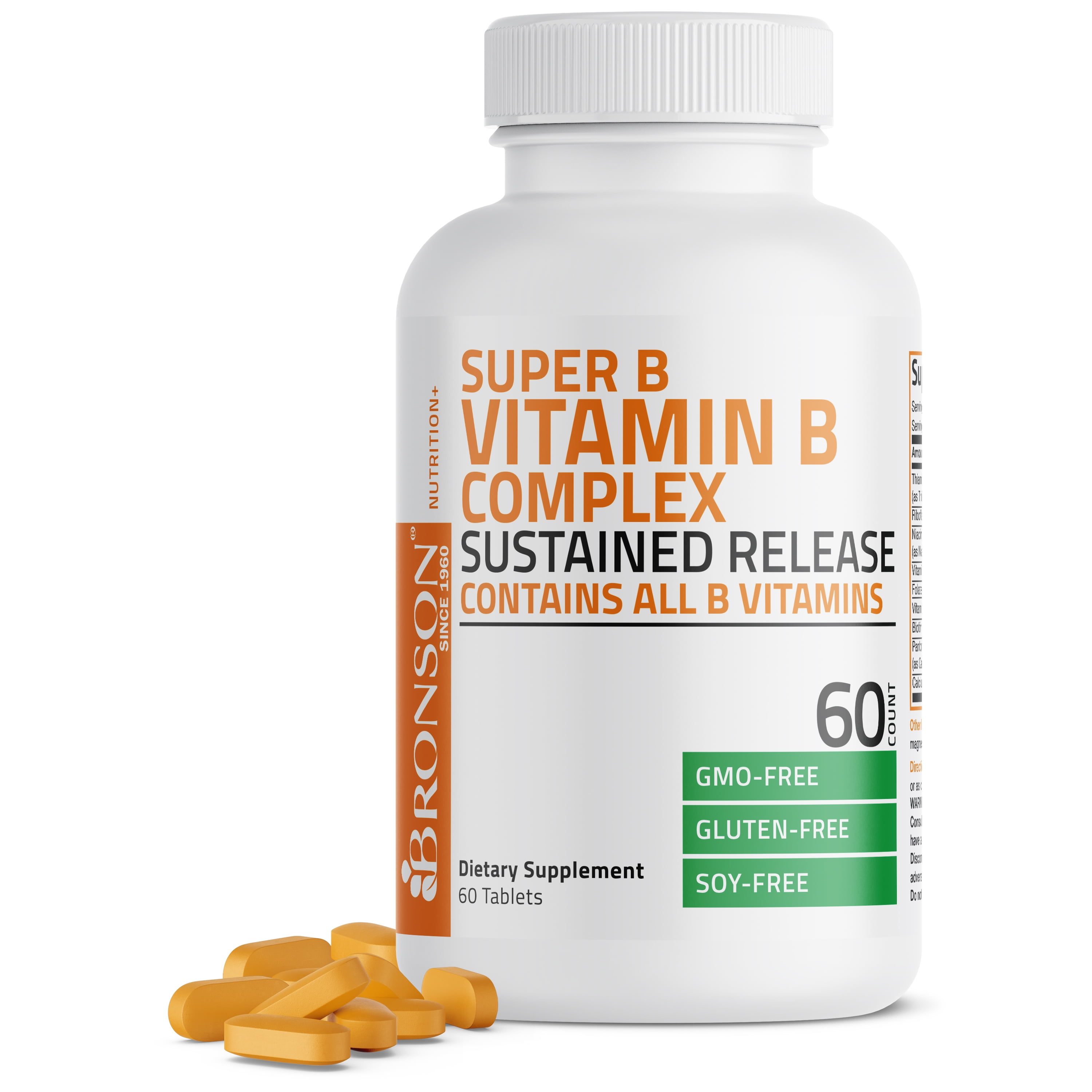 Bronson Super B Vitamin B Complex Sustained Slow Release (Vitamin B1, B2, B3, B6, B9 - Folic Acid, B12) Contains All B Vitamins 60 Tablets