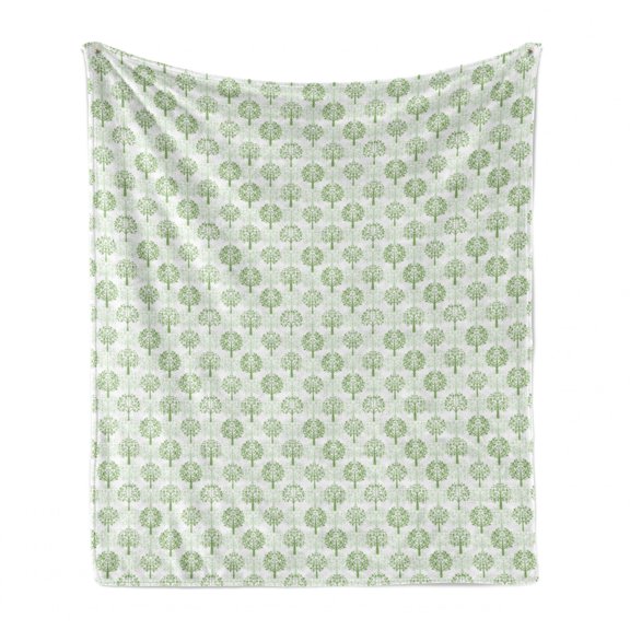 Nature Soft Flannel Fleece Blanket, Monochrome Garden Image of Rhythmic Trees and Silhouettes on Background, Cozy Plush for Indoor and Outdoor Use, 70" x 90", White and Peacock Green, by Ambesonne