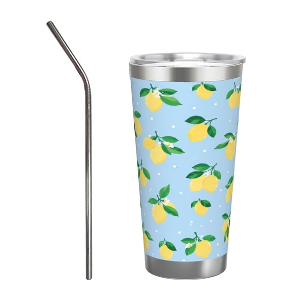 20oz Lemon Pattern Tumbler Insulated Car Cup Summer Fruit Travel Coffee Cup Gift for Women with Stainless Steel Straw