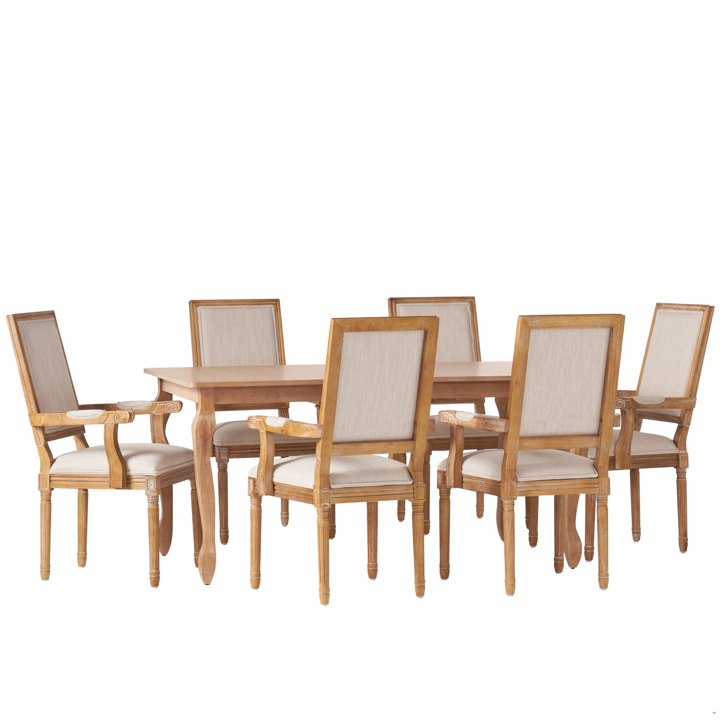 Noble House Midland Fabric Upholstered Wood Expandable 7 Piece Dining Set, Natural Brown and Beige