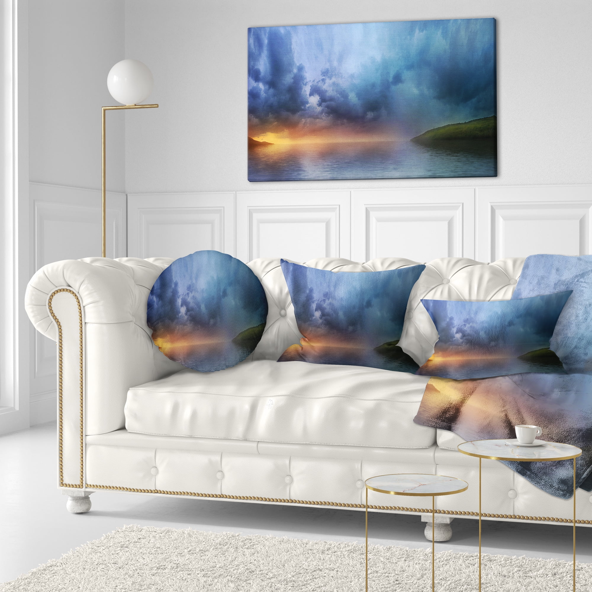 Designart Dense Blue Clouds Over Lake - Skyline Photography Throw Pillow - 12x20