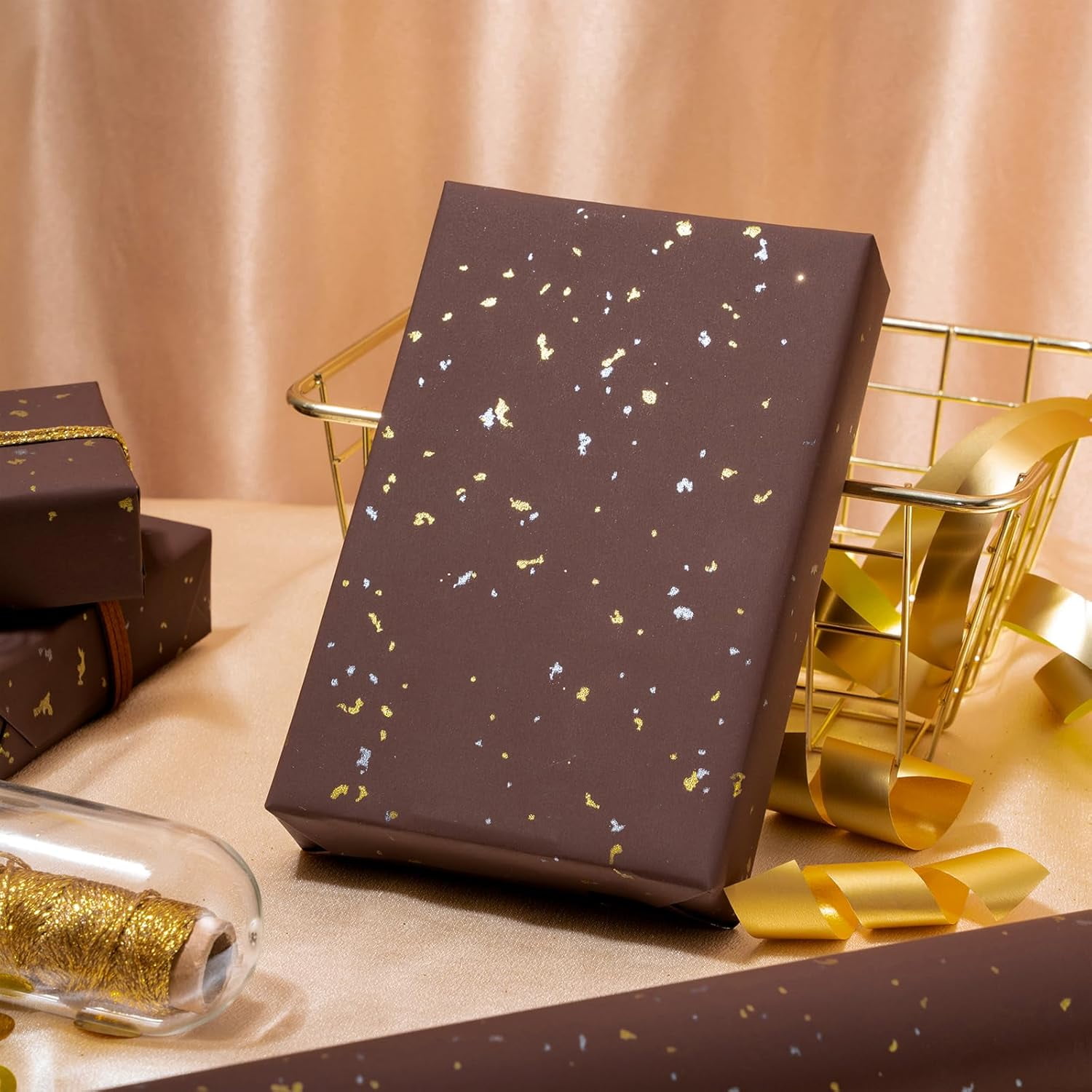 30 Inch Jumbo Chocolate Brown Wrapping Paper Roll - 30 Inch x 16.5 Feet - Chocolate Brown Gold Design with Silky Touch Perfect for Birthday, Holiday, Wedding, Baby Shower