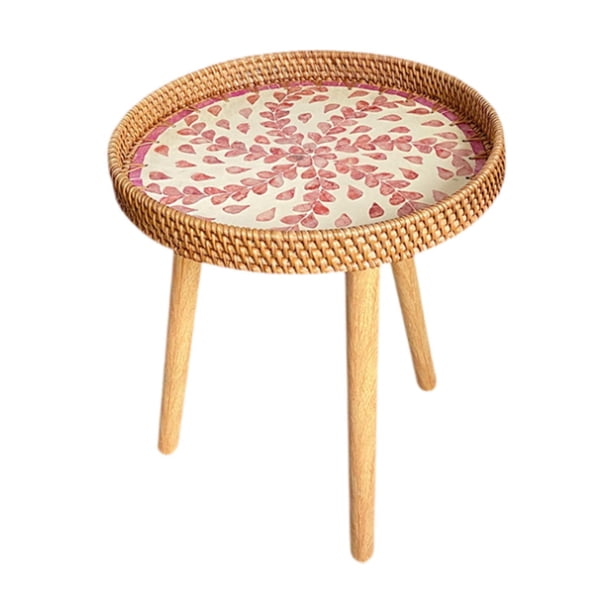 Mesa auxiliar, mesita de noche, mesa auxiliar, mesa auxiliar, mesita de noche para patio, balcón, sala de estar Mimbre rosa 40cm