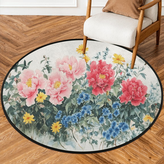 CURLYOOT Round Rug 3ft Watercolor Pinks Red Floral Area Rug, Washable Circle Mat Non Slip Floor Carpet Mat, Soft Indoor Rugs for Entryway Living Room Dining Room Bedroom