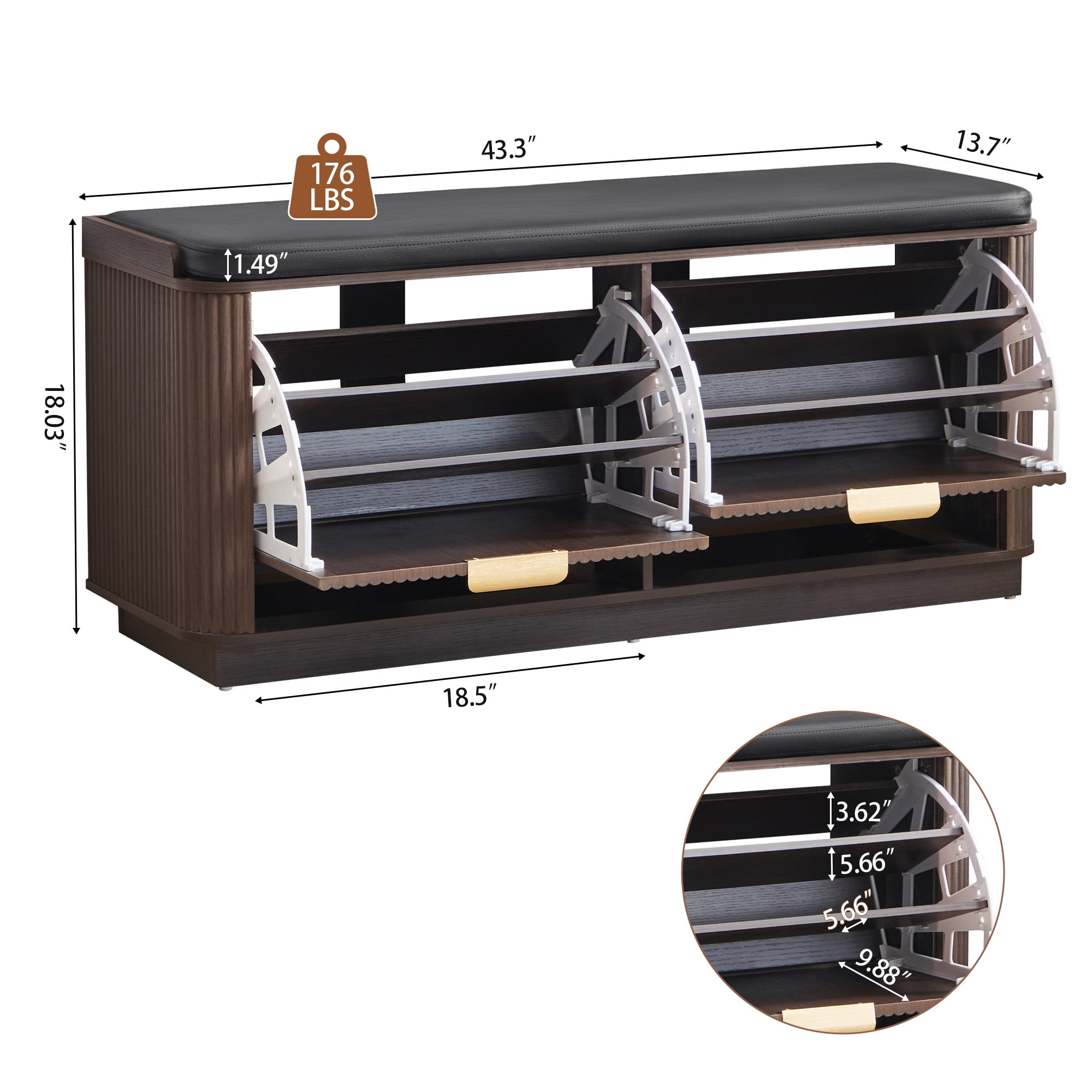 Wirrytor Fluted Shoe Storage Bench with Cushion and 2 Flip Drawers, 3-Tier Wooden Entryway Bench Shoe Organizer for Hallway Bedroom, Black