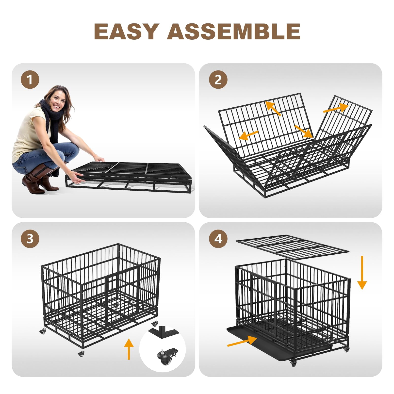 TIMHAKA 48 Inch Heavy Duty Steel Dog Crate with Wheels, Tray & Double Doors for Large Dogs