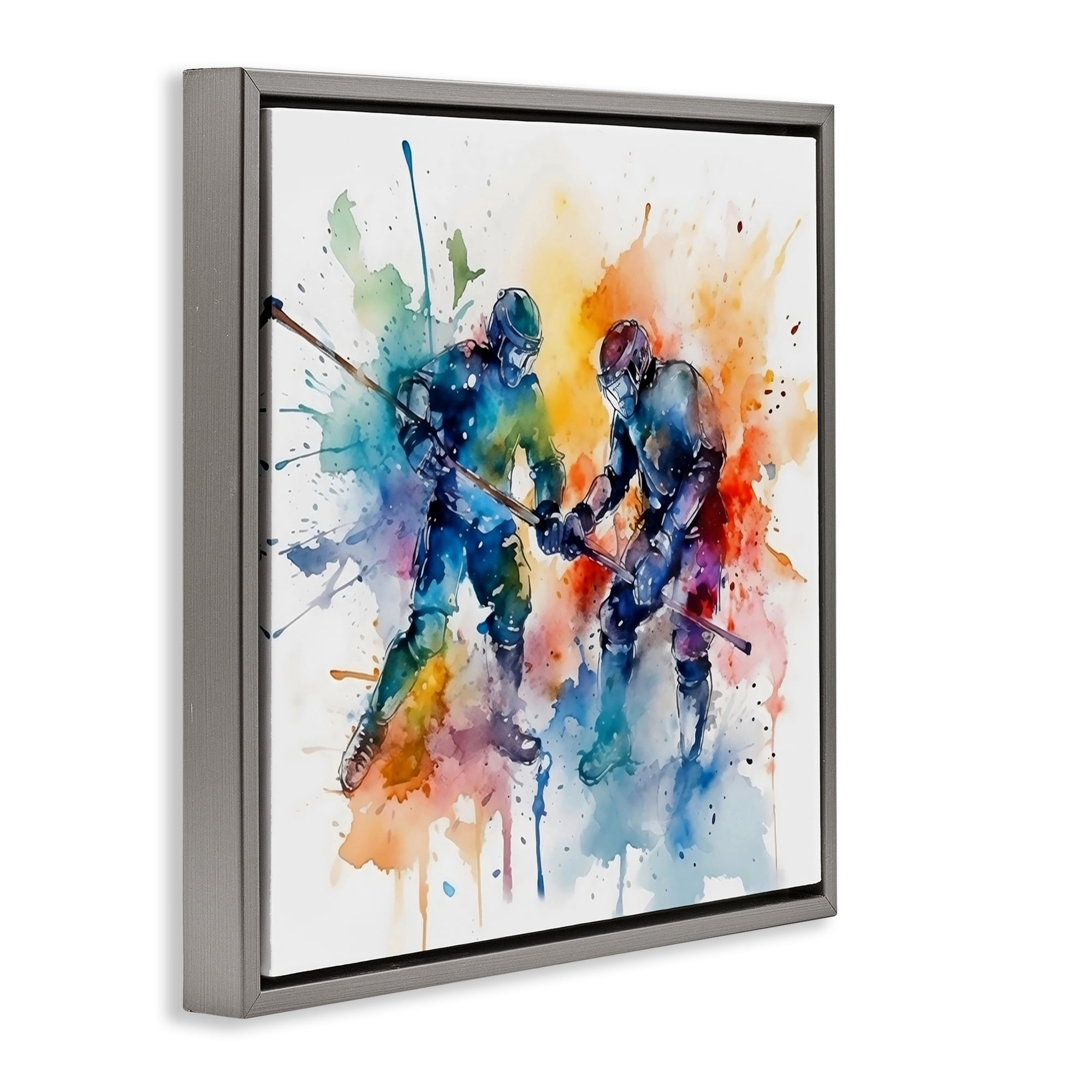 Stupell Industries Watercolor Hockey Faceoff Gray Framed Floater Canvas Wall Art, design by Creative Studio