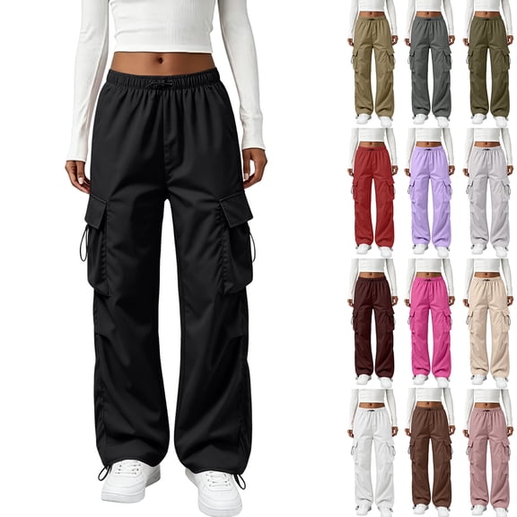 Lumtrix Womens Cargo Pants High Waisted Casual Baggy Parachute Pants Wide Leg Hiking Adjustable Hem Joggers with 4 Pockets Purple L