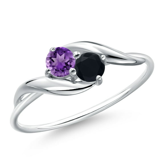 Gem Stone King 10K White Gold Round Purple Amethyst and Black Onyx Ring for Women (0.29 Cttw, Round 3.5MM, Gemstone February Birthstone, Size 5)