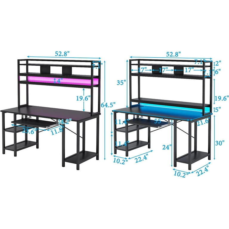 Computer Desk with LED Lights 55 Modern Home Office Desk PC Study Table  Workstation Gaming Desk with Hutch&Monitor Shelf &Storage Bookshel, Black 