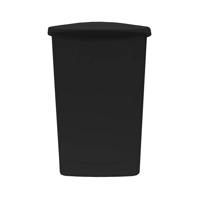 bote basura plastic trends 47 litros con tapa negro Vista frontal centrada de contenedor interior de 47 litros; cuerpo cónico de plástico negro con superficie lisa, tapa abatible con bisagra y borde superior ancho sobre fondo blanco; indicado para cocina y limpieza del hogar y suele utilizarse también para separar reciclaje doméstico.