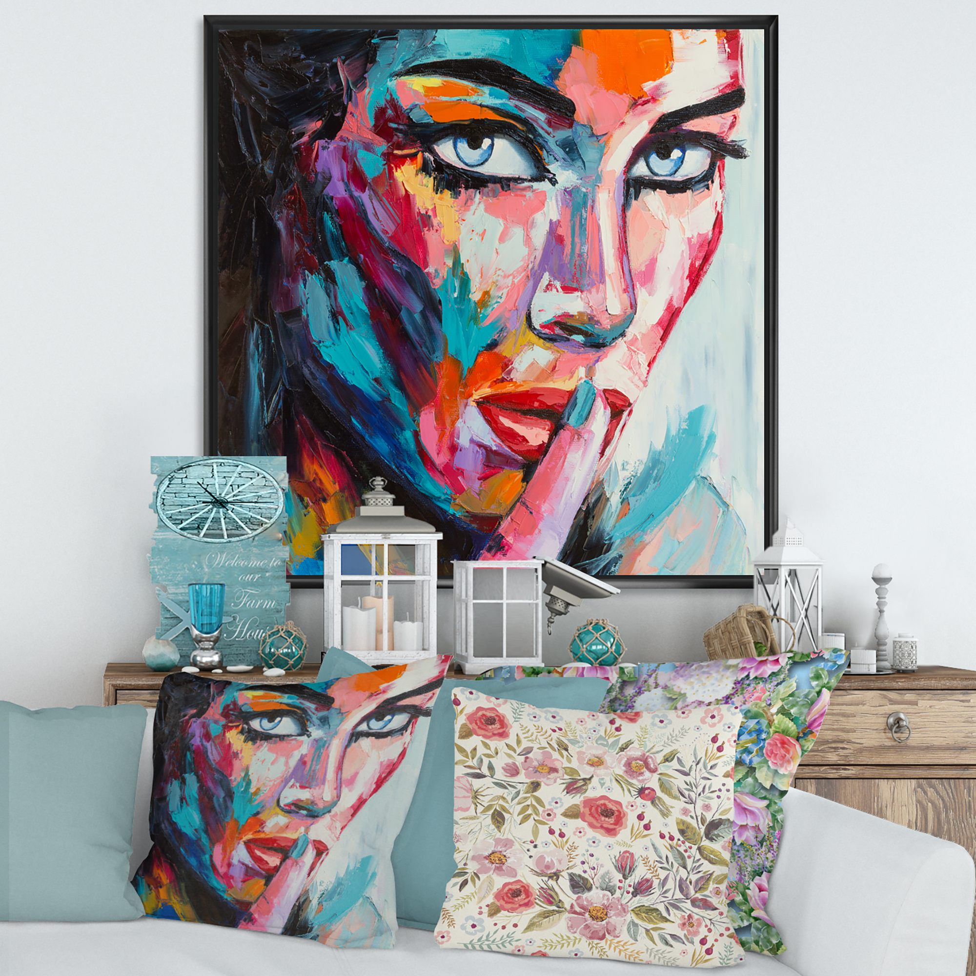 Designart 'Abstract Portrait Of A Young Woman With Blue Eyes II' Modern Framed Canvas Wall Art Print