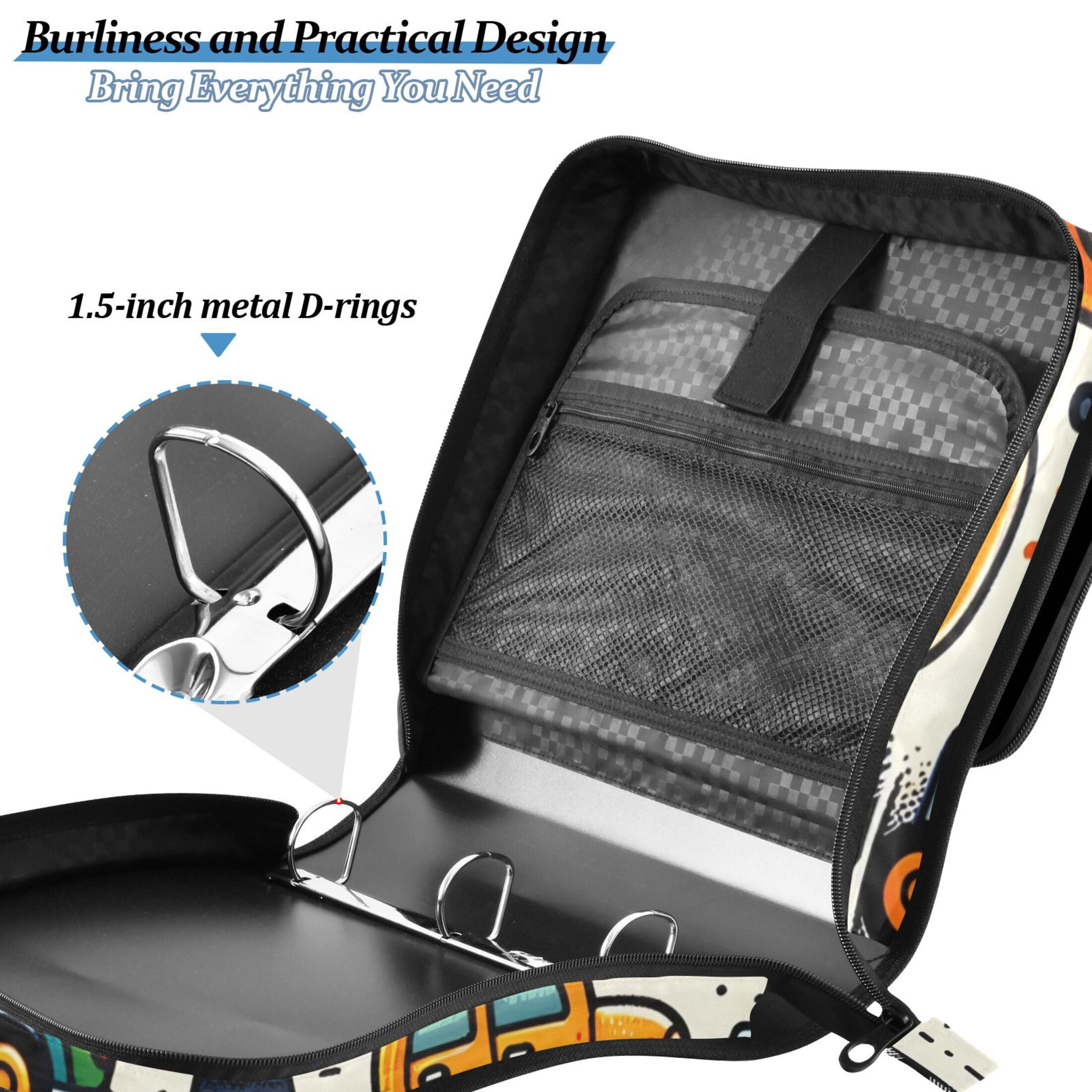 3 Ring Zipper Binder with Shoulder Strap Waterproof Trapper Keeper 2 Inch D-Ring 500 Sheets Capacity Cartoon Cars Indicator Roadsign