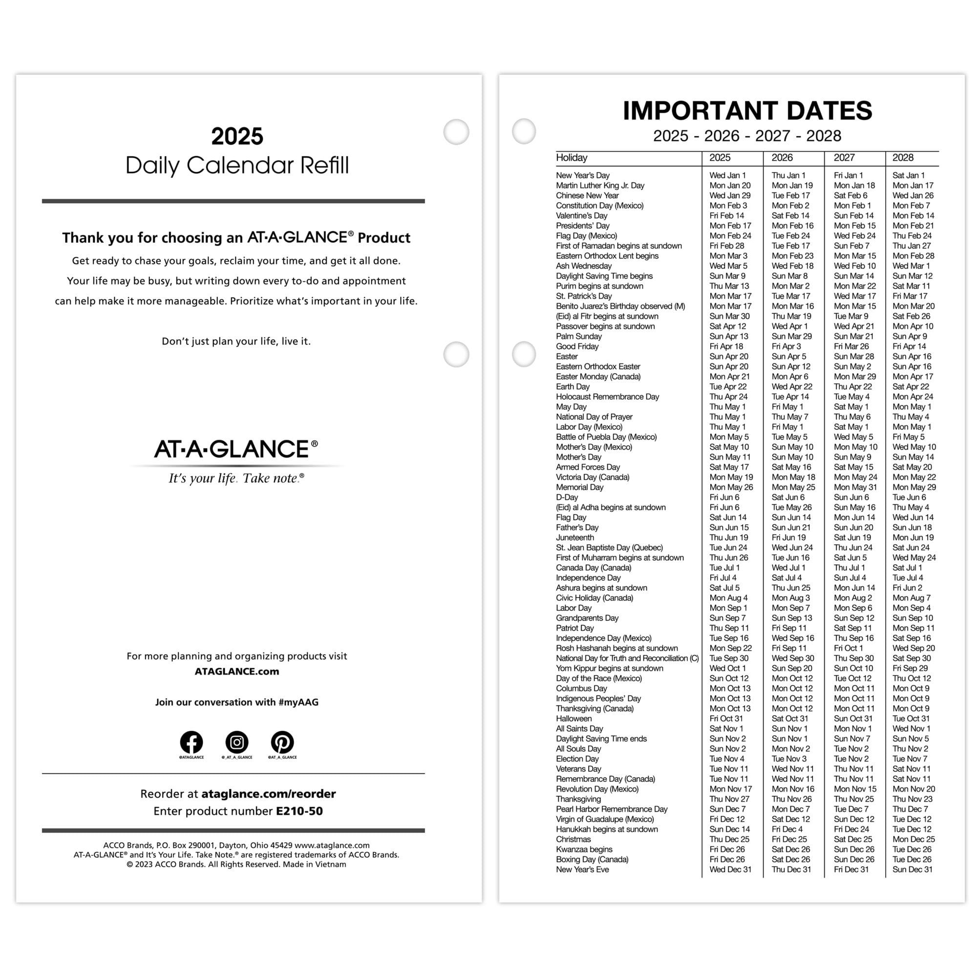 AT-A-GLANCE 2025 Daily Desk Calendar Refill - Loose-Leaf Pages, 4-1/2 X 8 Inches, Jan-Dec 2025 (Fits E21 Bases)