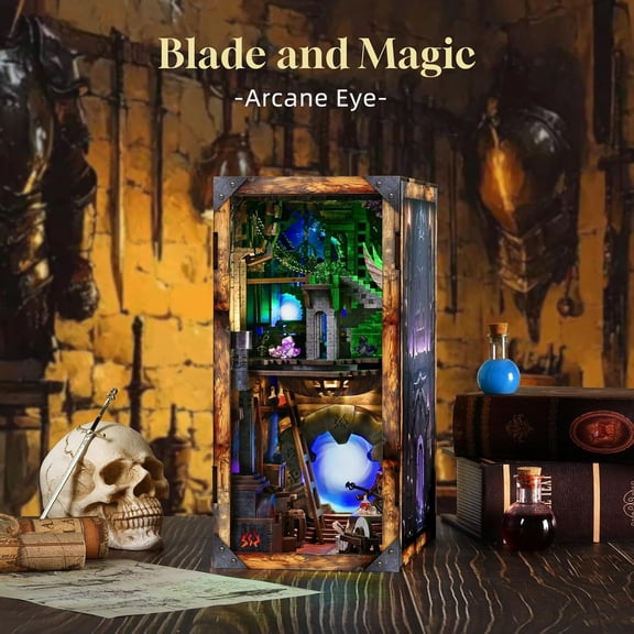 MiniCity Book Nook Kit,  Dollhouse Booknook, Miniature Kit for Bookshelf Insert Decor Crafts for Adults Teen Halloween, 3D Wooden Puzzle with Led Light (Blade and Magic)
