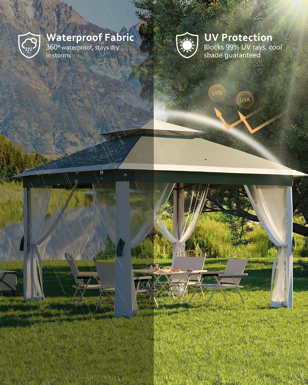Accreate 11x11 ft Outdoor Gazebo with Mosquito Net - Heavy Duty Patio Shelter, Double Roof & Sturdy Metal Frame for Backyard, Garden, Deck and Lawn