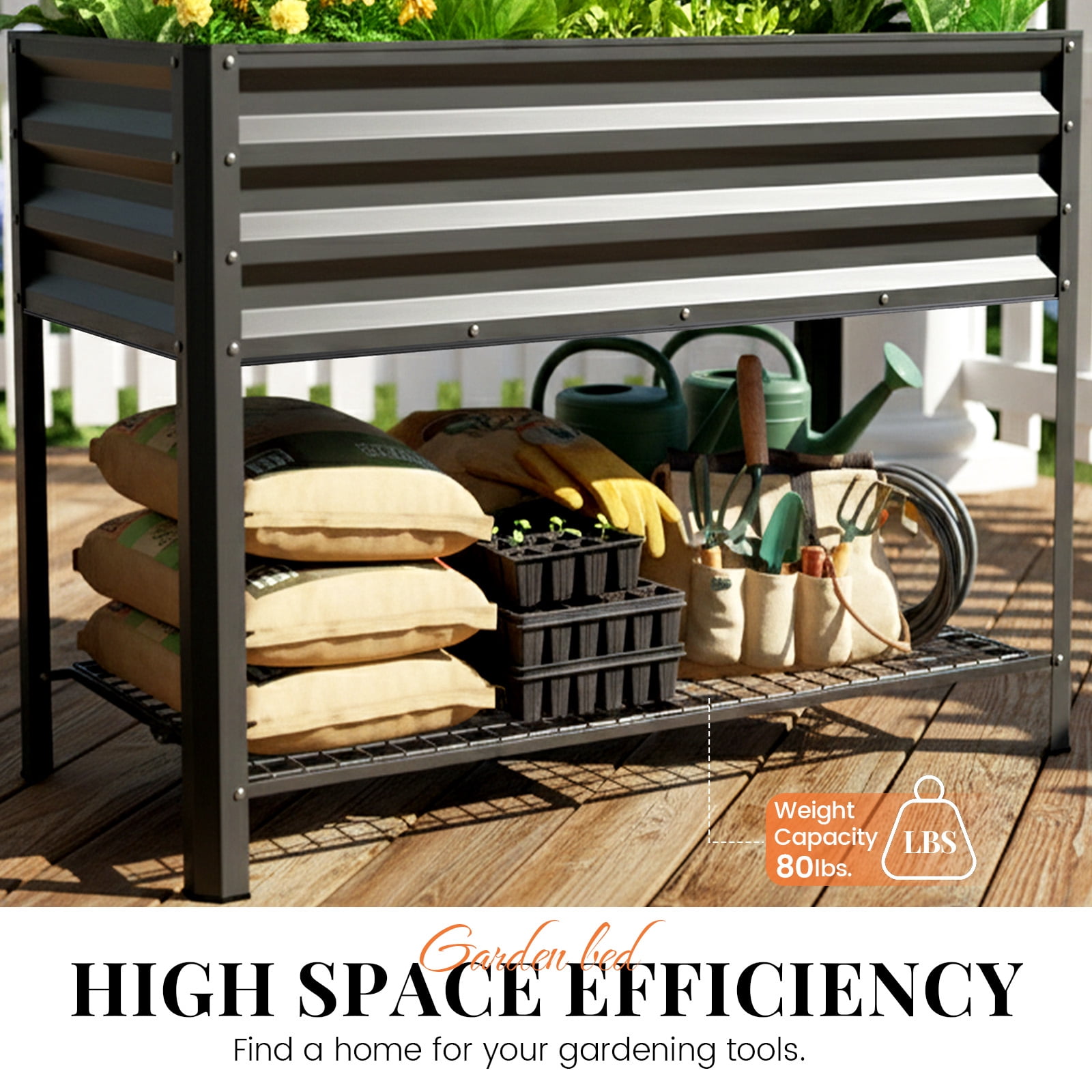 King Bird Galvanized Steel Raised Garden Bed Kit with Storage Shelf 47.2"x22.8"x31.5" Metal Planter Box, Elevated Garden Bed with Drainage Holes Outdoor for Vegetables Flowers Dark Gray