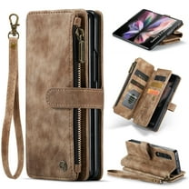 Nalacover Zipper Wallet Case for Samsung Galaxy Z Fold4, Premium PU Leather Wrist Hand Strap Card Slots Holder Flip Folio Cover with Magnetic Suction Kickstand Large Capacity Shockproof Case, Brown