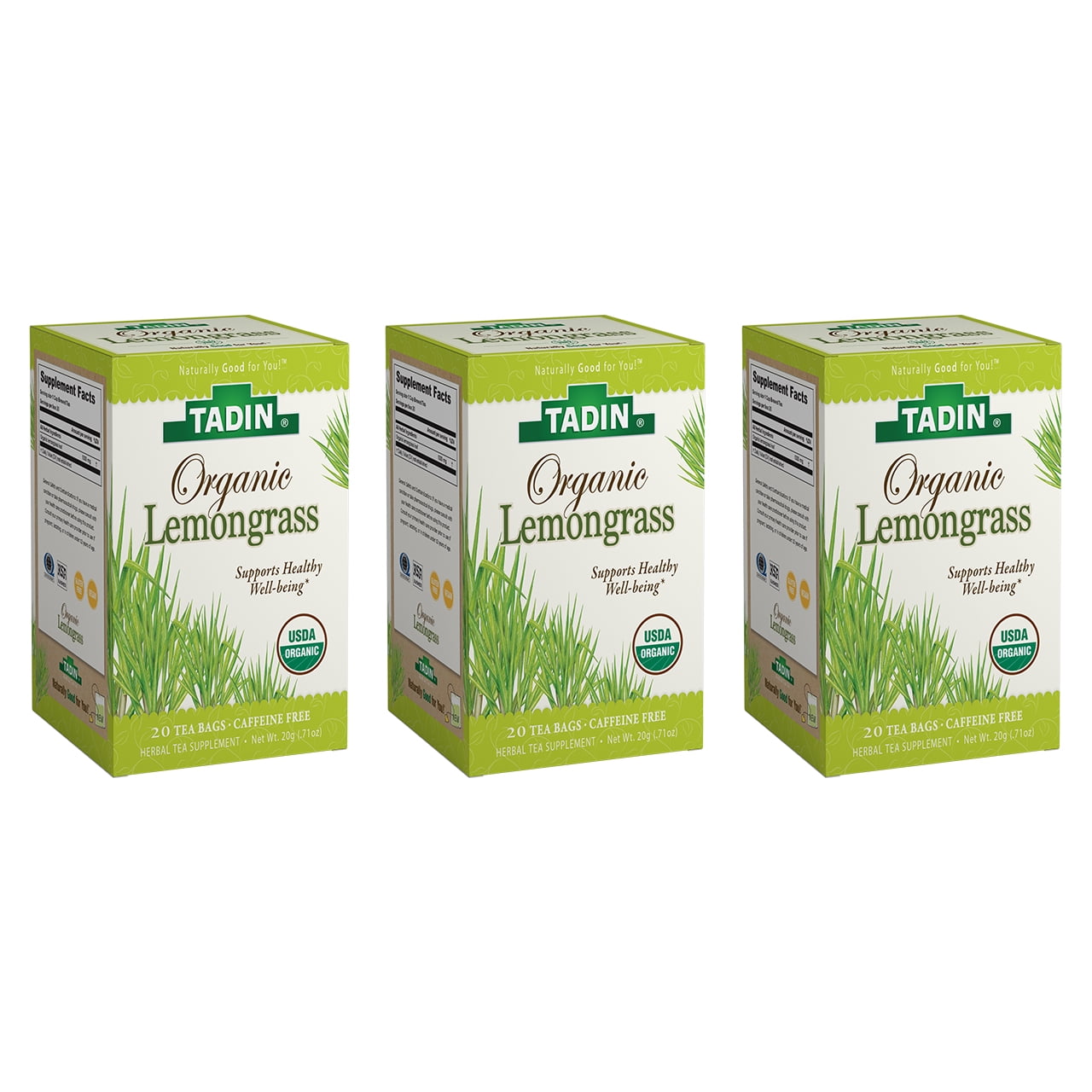 Tadin Organic Lemongrass Herbal Tea. Supports a Healthy Well-being. Digestive Aid and Energy Booster Supplement. Caffeine Free. 20 Teabags. Pack of 3