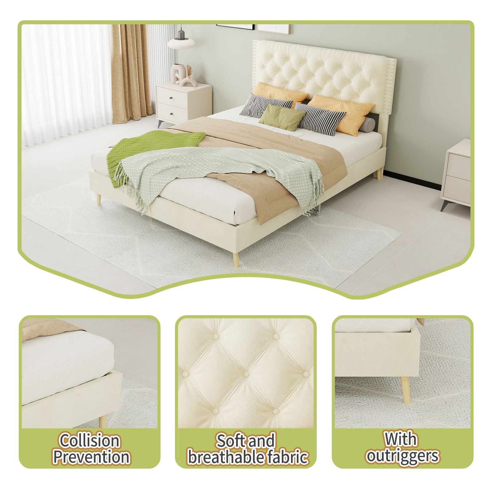 Alvantor Full Size Upholstered Bed Frame with Padded Headboard, Holland Velvet Tufted Beige