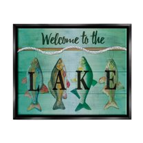Stupell Welcome Lake Nautical Fishing Rope Landscape Painting Black Floater Framed Art Print Wall Art