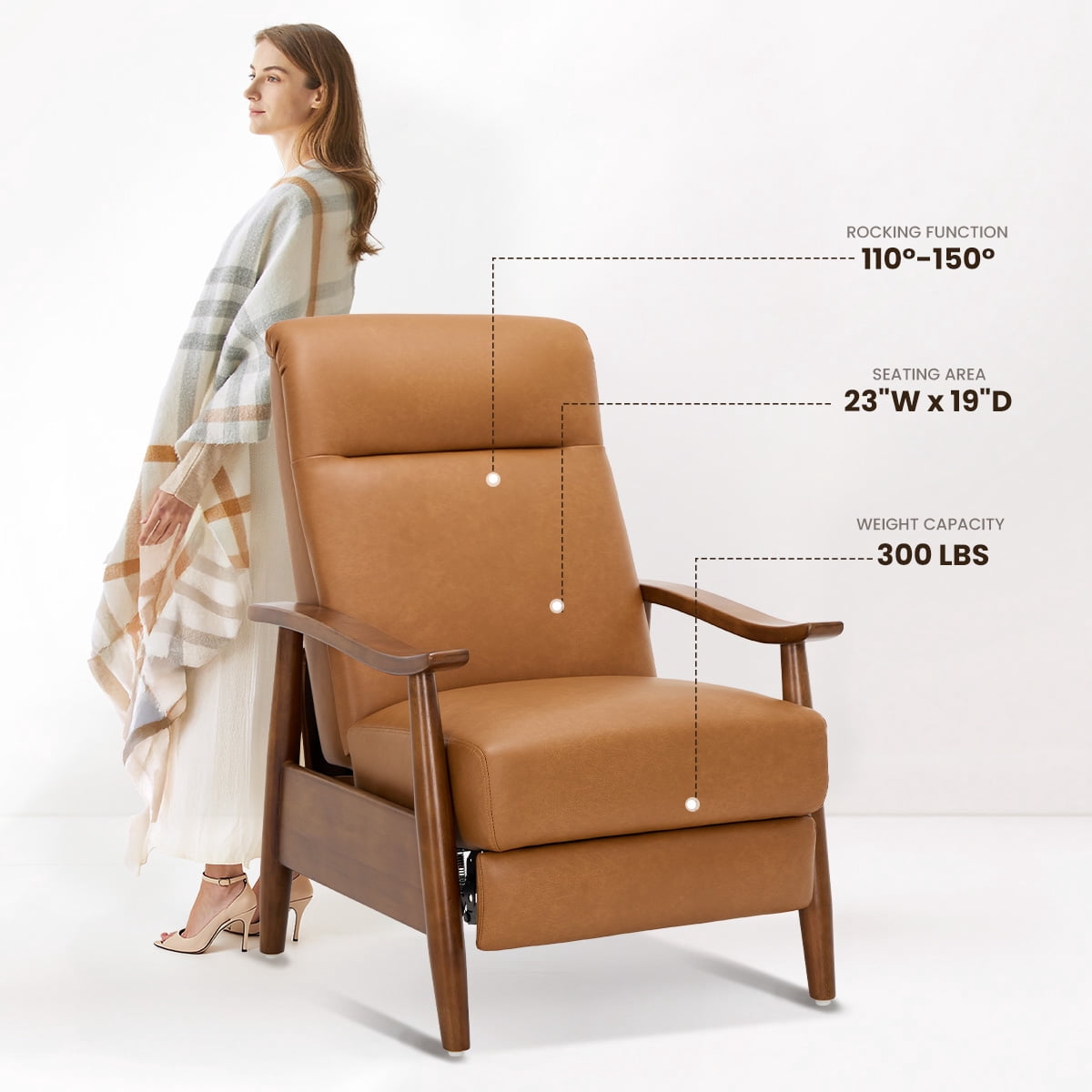 AFO Mid-Century Leather Living Room Push Back and Retractable Footrest Recliners with Set of 2 for Bedroom, Brown